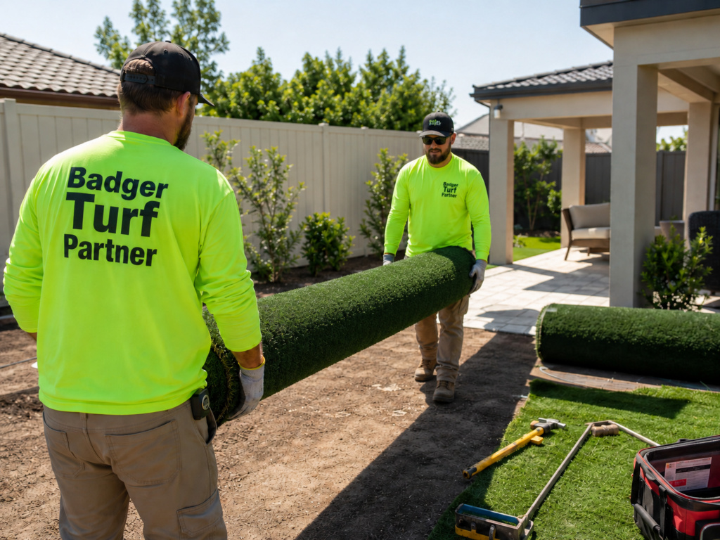 Artificial turf rolls available for contractors and landscapers at Badger Turf Supply in West Allis, Wisconsin.