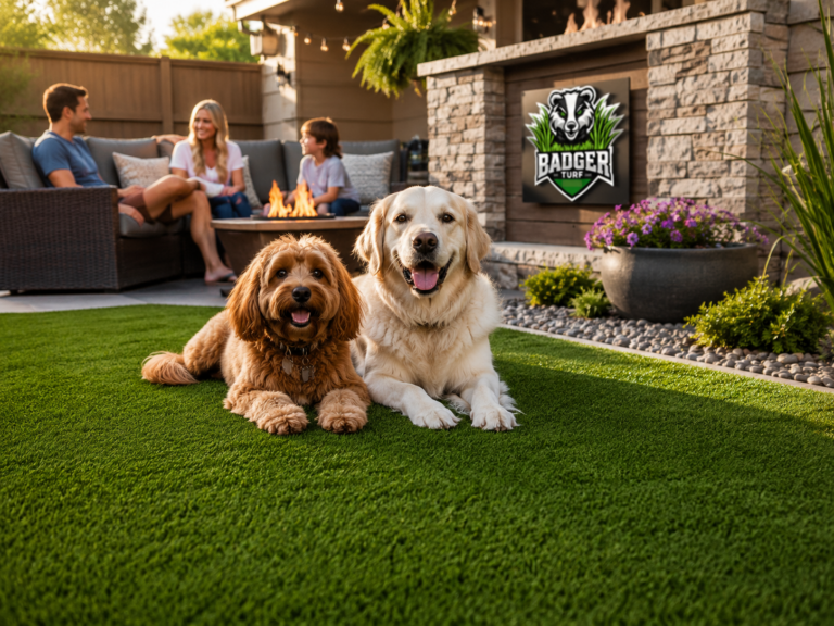 Dog standing on pet-friendly artificial turf in a Wisconsin backyard.