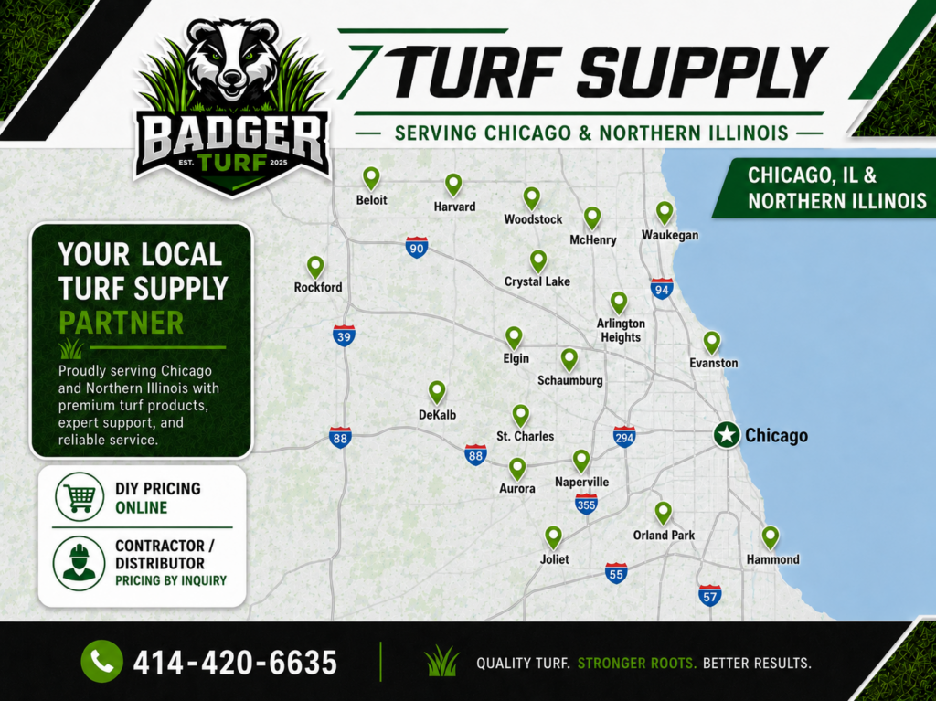 Badger Turf Supply service area map for Milwaukee, Madison, SE Wisconsin, and Chicago.