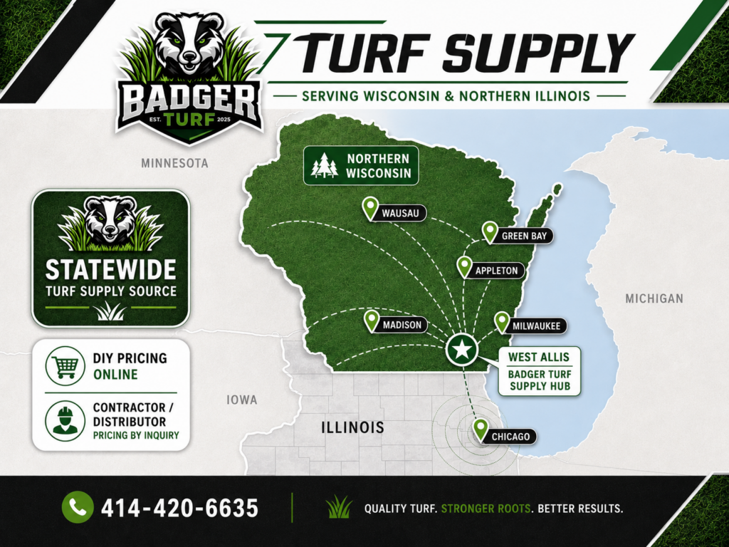 Artificial turf rolls and turf samples at Badger Turf Supply serving Milwaukee, Madison, northern Wisconsin, and all of Wisconsin.
