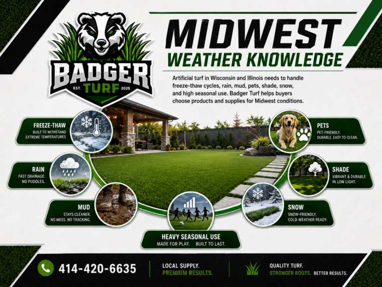 Badger Turf Supply graphic showing an artificial turf backyard with icons for freeze-thaw, rain, mud, pets, shade, snow, and heavy seasonal use, highlighting turf products for Wisconsin and Illinois weather conditions.