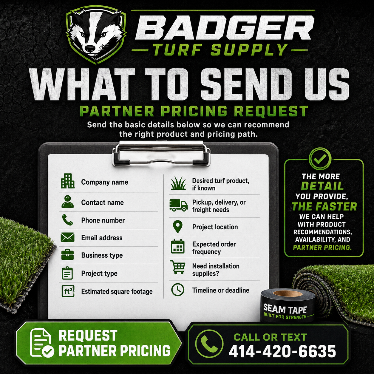 Contractor artificial turf partner pricing request form for Badger Turf Supply.