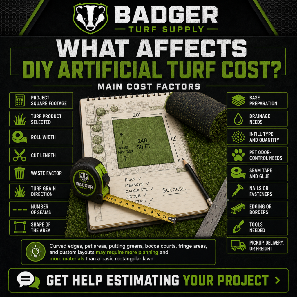 DIY artificial turf cost factors including roll size, waste factor, supplies, and infill.