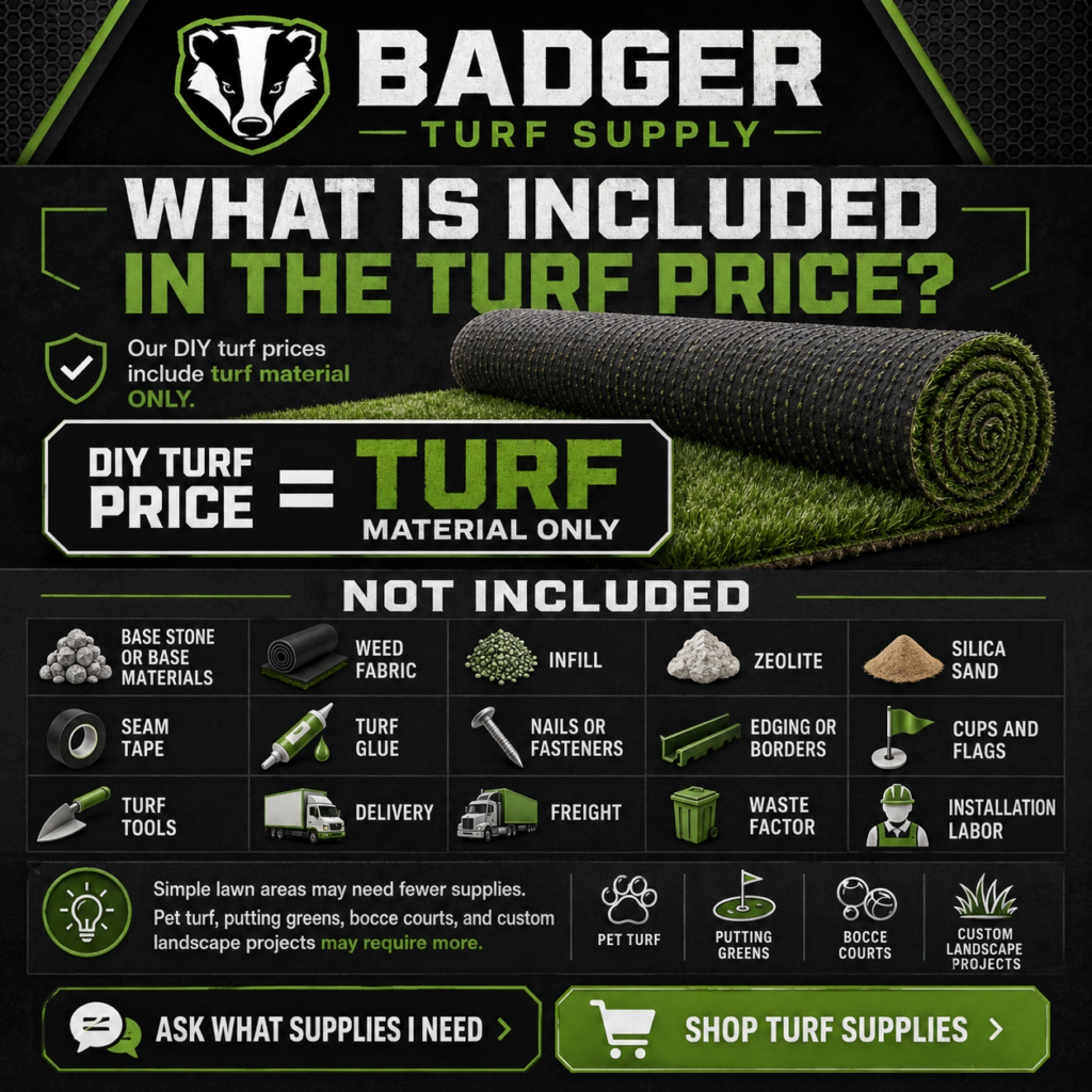 DIY artificial turf cost factors including roll size, waste factor, supplies, and infill.