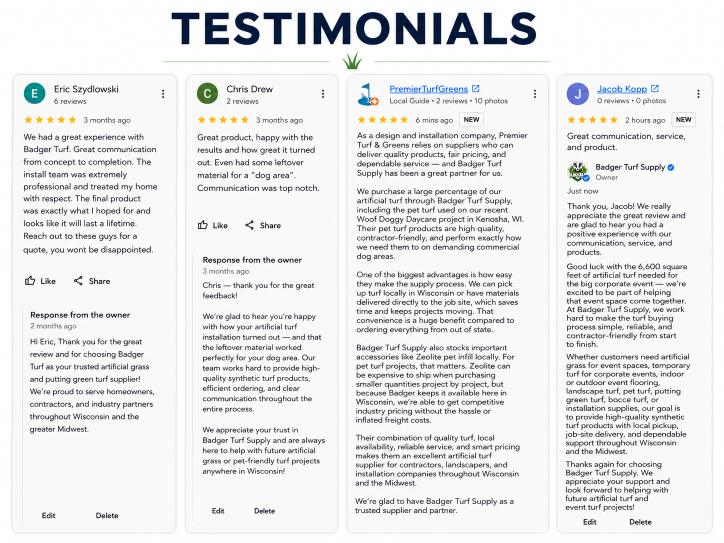 Customer testimonial screenshots highlighting five-star reviews for Badger Turf Supply’s artificial turf products, service, communication, and supplier support in Wisconsin.