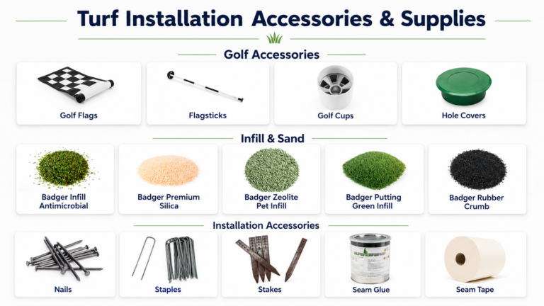Artificial turf installation supplies including infill, seam tape, glue, nails, and turf tools.