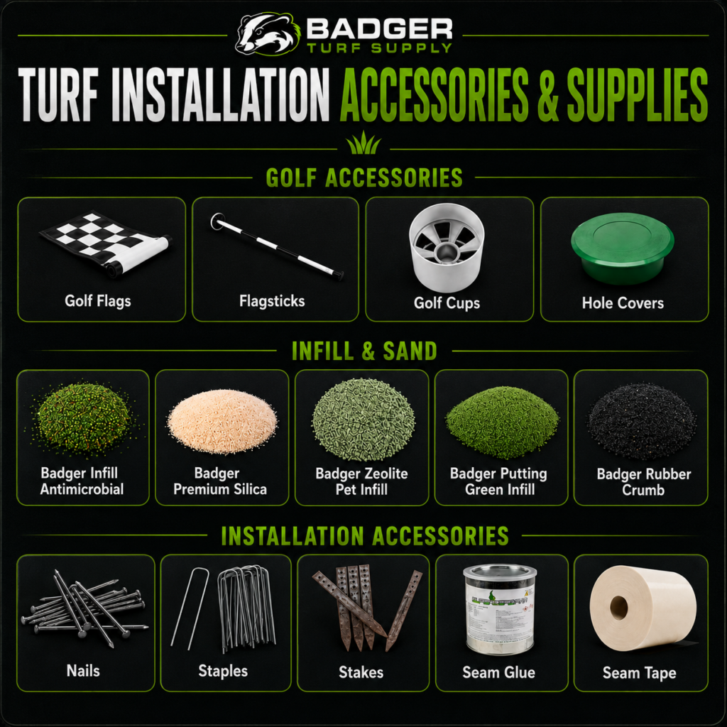 Artificial turf installation supplies including infill, zeolite, silica sand, seam tape, turf glue, nails, turf tools, cups, and flags from Badger Turf Supply.