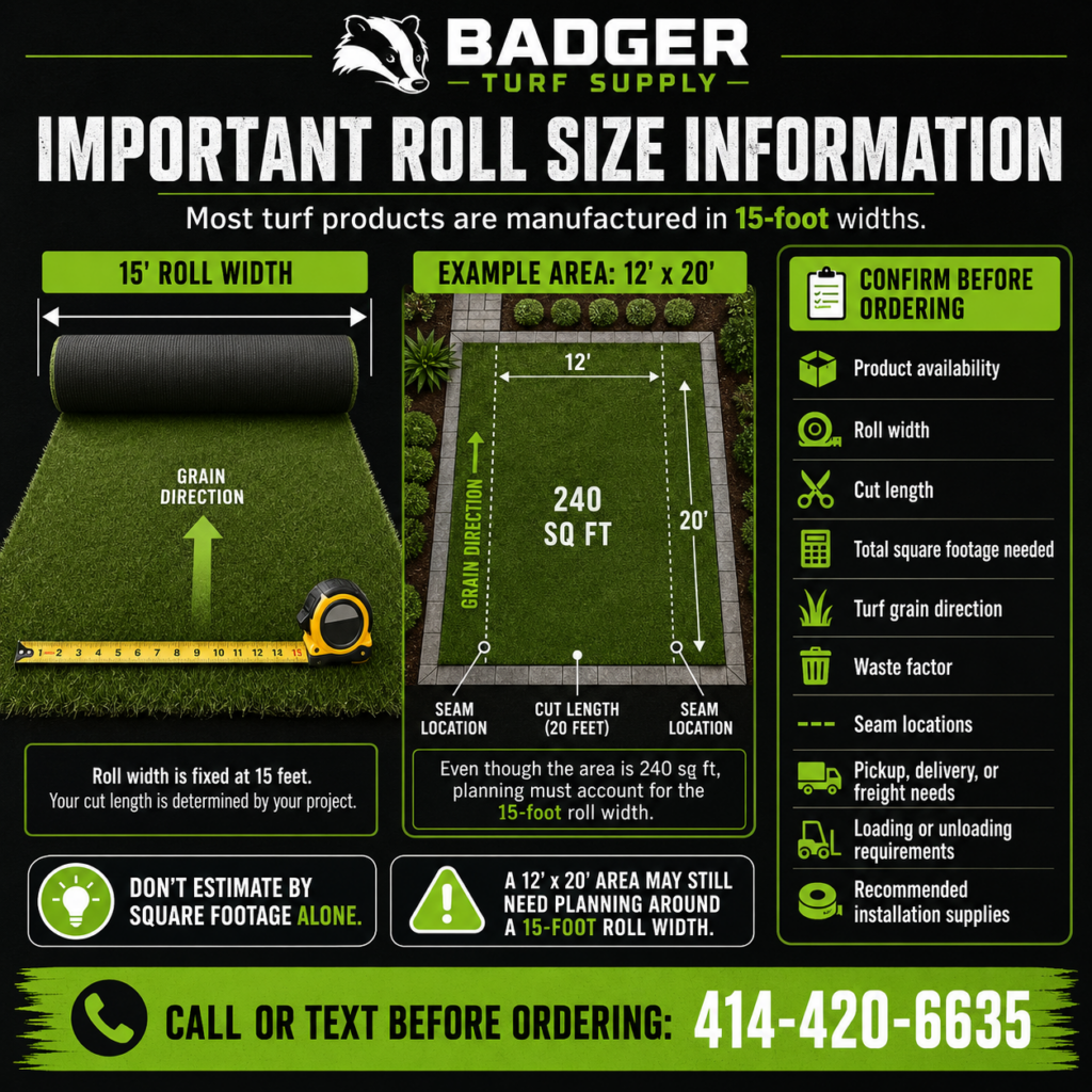 Artificial turf roll width and measuring guide for DIY turf orders.