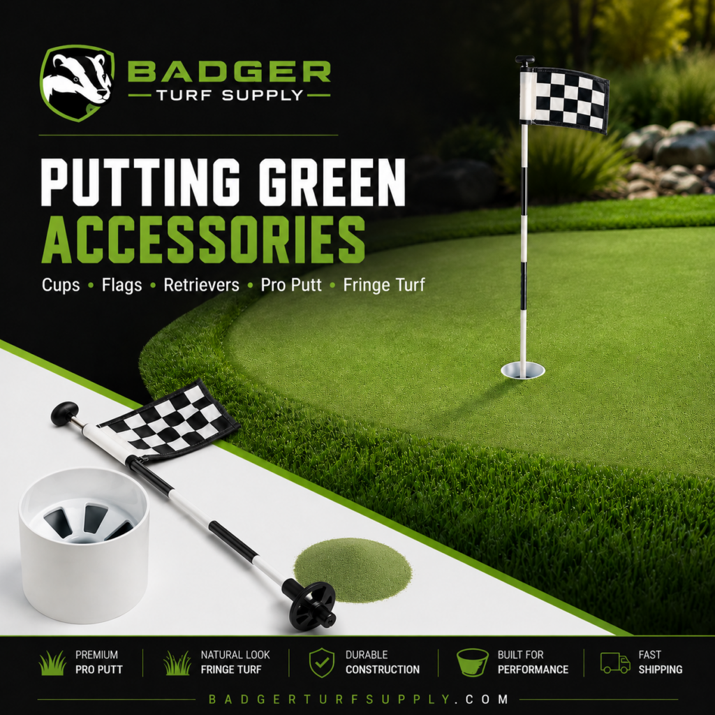 Putting green cups, flags, infill, fringe turf, and golf turf supplies from Badger Turf Supply.