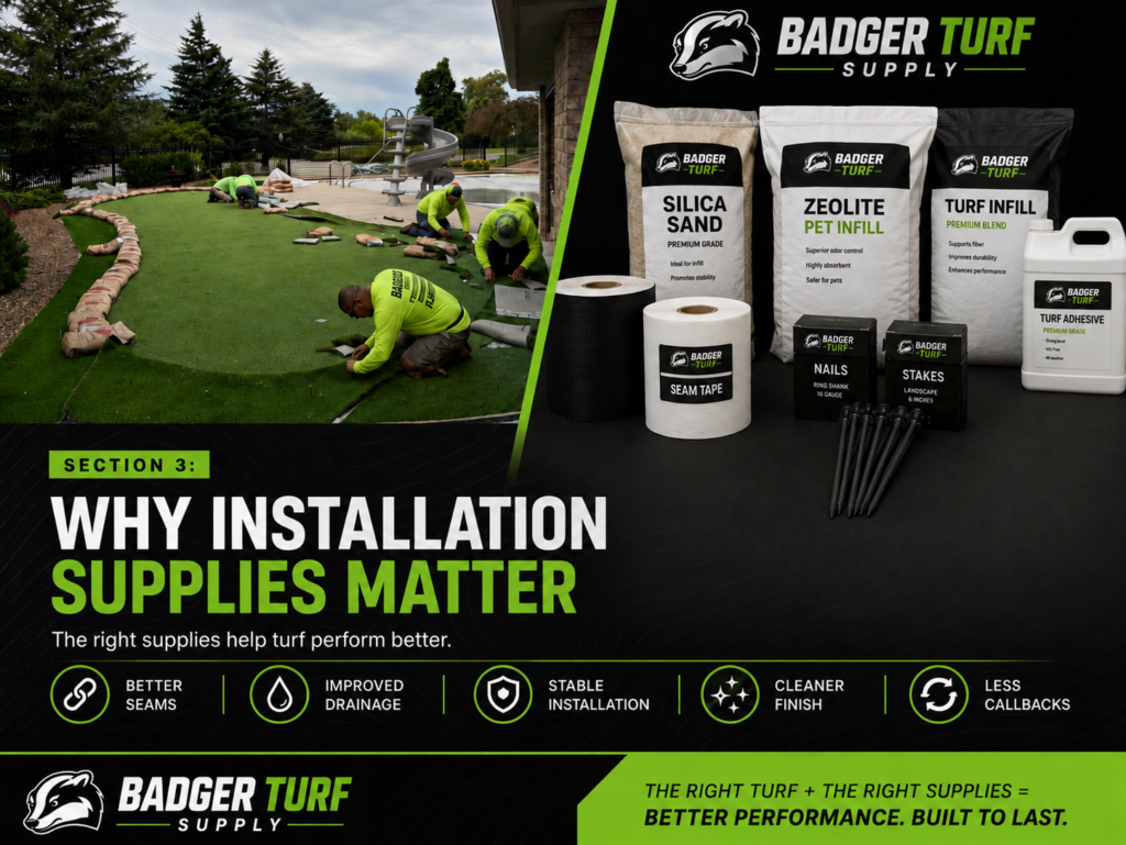 Professional artificial turf installation using the correct seam tape, glue, infill, nails, and turf tools.