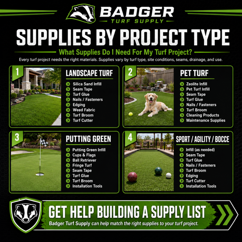 Artificial turf supply checklist for landscape turf, pet turf, putting greens, bocce courts, sport turf, and agility turf.