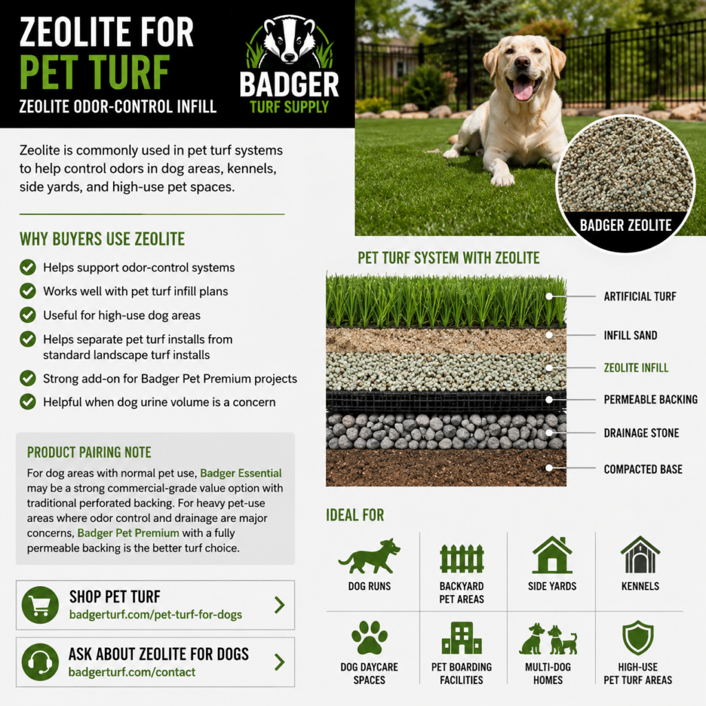 Zeolite odor-control infill for artificial pet turf, dog runs, kennels, and backyard dog areas.